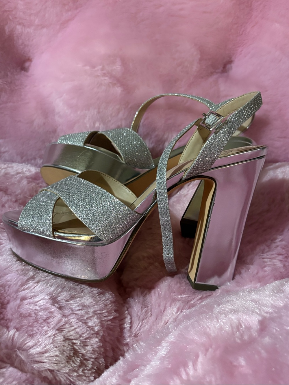 Women's Silver Glitter Platform Sandals with Metallic Pink Block Heel